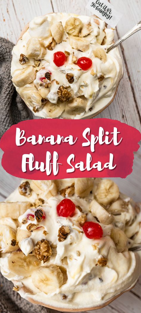 What’s the perfect combination of healthy and sweet? Fruit, of course! Take it one step further with this banana split fluff salad. Banana Split Salad Recipe, Banana Split Salad, Banana Split Fluff Salad, Banana Fluff, Banana Split Fluff, Banana Fruit Salad, Fruit Fluff, Fluff Salads, Banana Salad