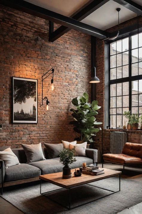 Industrial Home Design Living Room, Brick House Interior Ideas, Modern Industrial Decor Living Room, Brick Wall Living Room Ideas, Industrial Modern Living Room, Warm Industrial Living Room, Modern Loft Decor, Industrial Interior Design Living Room, Industrial Moodboard