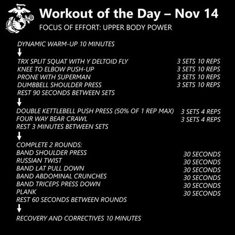 Marine Corps Human Performance on Instagram: "Workouts for the Week 💪 Nov 14 - 18 Remain strong through November with these workouts brought to you by Marine Corps force fitness instructors. Movement demonstrations, other workouts, and total fitness information can be found at usmcfitforce.com." Marine Corps Training, Marine Workout Training, Marine Corps Workout, Marine Workout, Abdominal Crunch, Dumbbell Shoulder Press, Bear Crawl, Dynamic Warm Up, Total Workout