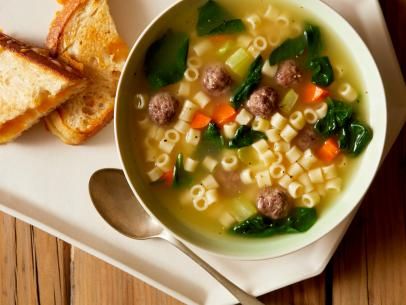 Mini Meatball Soup Recipe | Rachael Ray | Food Network Mini Meatball Soup, Meat Dumplings, Italian Wedding Soup Recipe, Meatball Soup Recipes, Mini Meatballs, Cheese Sandwich Recipes, Meatball Soup, Wedding Soup, Rachel Ray