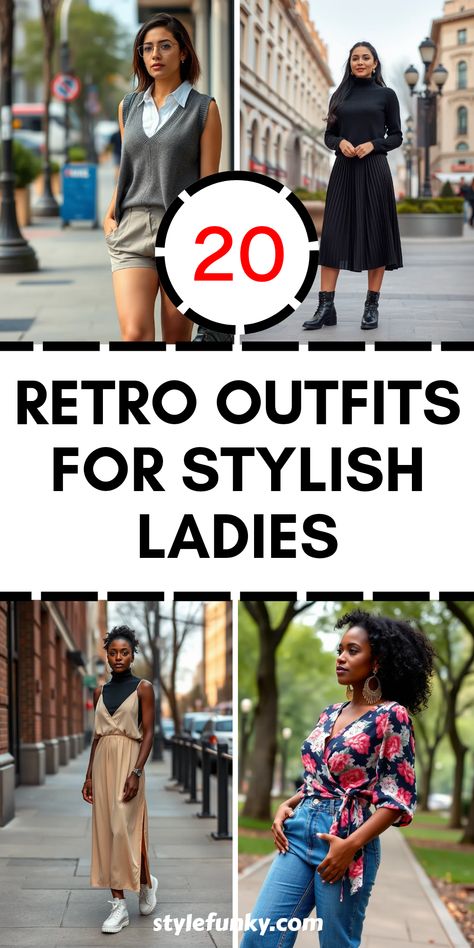 Are you ready to turn heads? Discover 20 Retro Outfits for Ladies that will elevate your style with vintage charm! From cozy sweater vests layered over collared shirts to chic floral wrap tops paired with wide-leg jeans, these outfits have it all. Add some flair to your wardrobe with 90s-inspired outfits and timeless pieces like turtleneck sweaters combined with midi skirts. These awesome retro outfits embody bold style that stands out, so make these looks your own and express your personality with confidence! Retro Aesthetic Outfit Ideas, Modern Retro Outfits, Retro Aesthetic Outfit, 90s Layering, 1930s Outfits, Retro Ootd, Outfits For Ladies, Floral Wrap Top, 90s Inspired Outfits