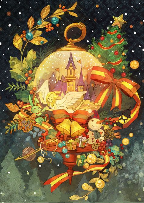 Snow globe Sayaka Ouhito, Xmas Characters, Christmas Mosaics, Dream Painting, Christmas Drawing, Art And Illustration, Christmas Illustration, Illustrations And Posters, Snow Globe