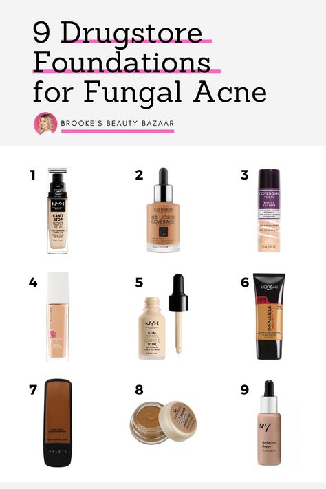 These are the 9 best drugstore foundations you can use if you have fungal acne. These products won't feed malassezia yeast or lead to tiny forehead bumps / fungal acne breakouts. Formulas range from lightweight and luminous to full coverage and matte finish from makeup brands you trust. Many of these foundations are Allure Best of Beauty Award Winners from Maybelline, NYX, L'Oreal, &Covergirl. You'll love the inexpensive price, too! #fungalacne #foundation #drugstore #maybelline #fullcoverage Makeup Products Acne Safe, Best Make Up For Acne Prone Skin, Acne Safe Drugstore Powder, Acne Safe Foundation Drugstore, Fungal Acne Products, Acne Prone Makeup Products, Acne Safe Makeup Drugstore, Best Makeup For Acne Prone Skin, Acne Safe Skin Tint