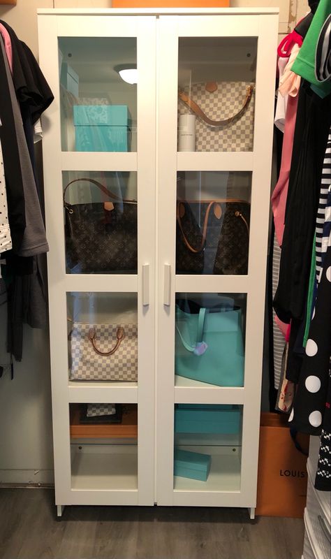 Purse storage Purse Cabinet Display, Purse Cabinet, Organize Purses, Ikea Brimnes, Purse Display, Closet Organized, Purse Storage, Bedroom Organization, Handbag Storage