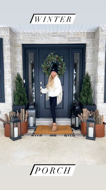 Macy Blackwell on Instagram: "Winter Porch Refresh!🌲🪵 Team take-down on the 26th!! 🙋🏼‍♀️😂 Boxing up all the holiday decor, and ready for clean & fresh! Went with this simple winter lodge look last year for porch that can take you from December through February! Spending the next couple days breaking down all the trees, so we can have a blank canvas for New Years! Linked porch details in my ltk! #winterporch #newyear #januaryhome #2024 #porchdecor" January Front Porch Decor Winter, January Porch Decor, January Front Porch Decor, Porch Refresh, Winter Porch Decor, January Decor, Macy Blackwell, Winter Front Porch, Winter Lodge