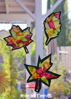 Stained Glass Fall Leaves Craft (with template) - Mom On Timeout Stained Glass Fall, Autumn Leaves Craft, Folding Origami, Leaf Crafts, Fall Crafts For Kids, Autumn Crafts, Fall Projects, Childrens Crafts, Fall Kids