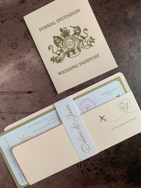 Each Invitation Can Be Customized, Paper/Ink/Design Changed INVITATION PRICES - Artwork $80 Passport $1.60 * 85 Invitations ~ $3.90 * 60 Invitations ~ $4.85 45 invitations. - $5.85 * 30 Invitations ~ $7.80 THIS INVITATION INCLUDES * 2 Layers * Custom Design / Colours * Band (Printed with your Name) * Pocket * Boarding Pass Ticket * Envelopes Printed with your Return Address on the Back flap PACKAGE ADD-ONS * Response Card & Envelopes $1.85 Per Set * Additional Inserts $1.35 Each * Calligraphy $1 Wedding Travel Invitation, Airplane Wedding Invitations, Plane Ticket Invitation, Ticket Save The Date, Travel Invitation, Airplane Wedding, Travel Wedding Invitations, Airplane Ticket, Boarding Pass Invitation