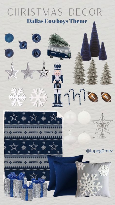 Dallas Cowboys Christmas Decor Inspo Dallas Cowboys Christmas Tree, Dallas Cowboys Christmas, Holiday Entryway, Blue Christmas Decor, Christmas Fireplace Decor, Hanging Christmas Tree, Dallas Cowboy, Star Tree Topper, Cowboy Christmas