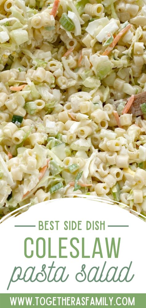 A bowl of coleslaw pasta salad with macaroni noodles, coleslaw, celery, in a creamy mayonnaise dressing. Cessation Salad Pasta, Cabbage And Pasta Salad, Cole Slaw Pasta Salad Salad, Pasta Salad With Coleslaw Dressing, Coleslaw Pasta Salad Easy Recipes, Pasta Cabbage Salad, Pasta Salad With Marzetti Slaw Dressing, Pasta Slaw Salad, Bulk Pasta Salad Recipe