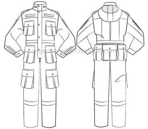 Flat Garment Drawing: Jumpsuit Templates 0099 Jumpsuit Drawing, Garment Drawing, Suit Drawing Reference, Pola Jumpsuit, Army Suit, Fashion Sketch Template, Suit Drawing, Illustrator Fashion, Clothing Templates