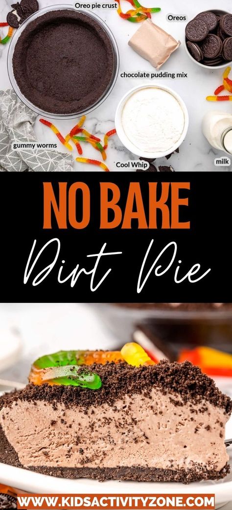 No Bake Dirt Pie is an easy dessert recipe that kids will love. It starts with a Oreo Crust and is filled with chocolate pudding, crushed Oreos and gummy worms on top! This easy no-bake dessert recipe is always a hit. Dirt Pie, Chocolate Dirt, Dirt Dessert, Oreo Pie Crust, Dirt Cake Recipes, Easy Chocolate Pudding, Oreo Dirt, Oreo Pie, Chocolate Pie Recipes