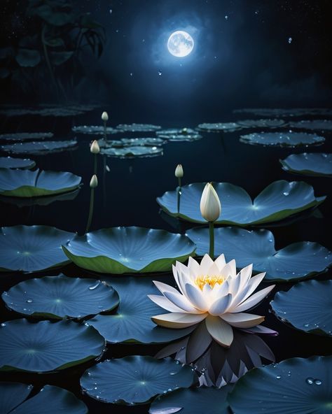 A serene nighttime scene featuring vibrant white lotus flowers blooming on a dark, still pond. Each lotus is covered in delicate water droplets, subtly reflecting the surrounding light. One small frog sits on a lily pad, curiously gazing at a tiny, softly glowing orb of light hovering nearby. The background is a deep, mystical indigo blue with faint rain droplets falling gently onto the water. The atmosphere is magical and peaceful, with soft lighting illuminating the lotus petals, creating a... Lotus Flower In Pond, Orb Of Light, Rain Droplets, Glowing Orb, French Translation, Small Frog, Frog Sitting, Blooming Lotus, Healing Heart Quotes