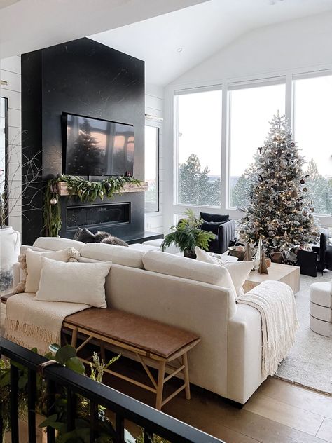 Beau Bench curated on LTK Pottery Barn Living Room Ideas 2024, Pottery Barn Family Room, Modern Fireplace Living Room, Pottery Barn Living Room Ideas, Organic Living Room Decor, Living Room For Christmas, Twig Garland, Holiday Living Room, Fav Products