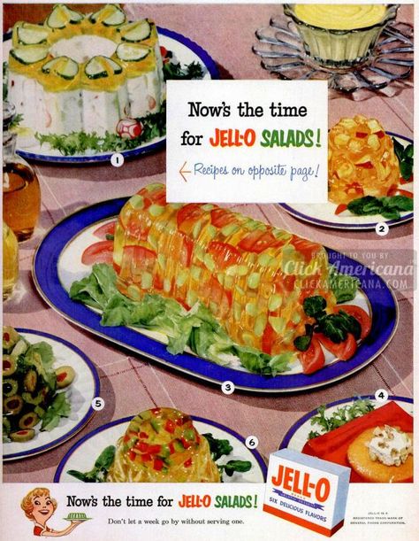 Now’s the time for Jell-O salads! Don’t let a week go by without serving one. Recipes below: 1. Jellied Potato Salad 2. Carrot and Apple Salad 3. Vegetable Salad Mold 4. Peach and Cheese Salad 5. Emerald Macedoine Salad 6. Jell-O Cabbage Relish 1. Jellied Potato Salad recipe Dissolve 1 package Lemon Jell-O in 1-1/4 … Savory Jello, Recipes From The 1950s, Cabbage Relish, Jello Salad Recipes, Salad Cabbage, Jelly Salad, Jello Mold Recipes, Gelatin Salad, Jello Salads