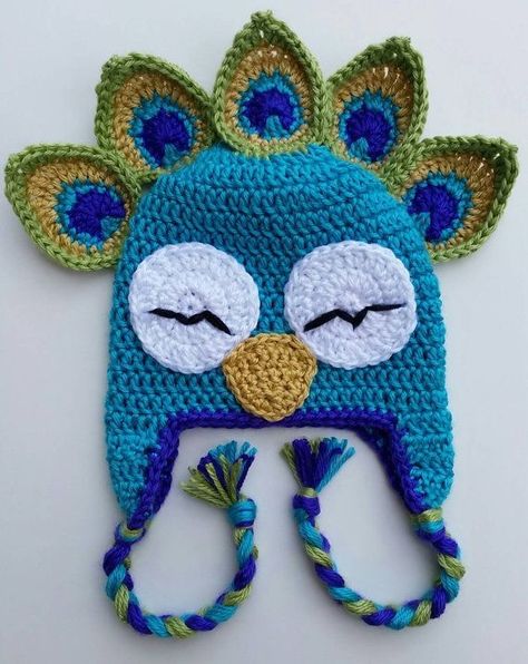 Peacock Hat, Crochet Peacock, Crochet Character Hats, Crochet Animal Hats, Crochet Kids Hats, Crochet Hat Patterns, Crochet Knit Hat, Crocheted Hat, Bonnet Crochet