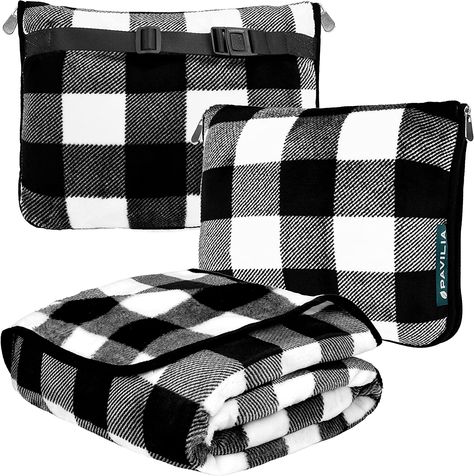 PAVILIA Travel Blanket and Pillow, Dual Zippers, Clip On Strap, Warm Soft Fleece 2-IN-1 Combo Blanket Airplane, Camping, Car, Large Compact Blanket Set, Luggage Backpack Strap, 60 x 43 (Checker White) Travel Blanket Airplane, Blanket Covers, Airplane Blanket, Car Pillow, Flight Essentials, Suitcase Backpack, Car Blanket, Blanket Pillow, Large Blanket