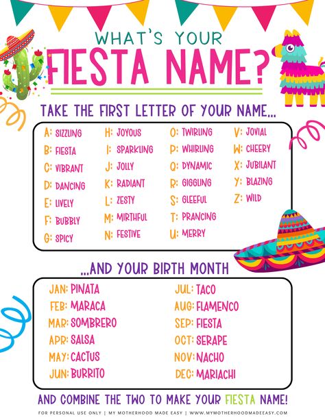 What’s Your Fiesta Name Game PDF    Looking for a fun and great way to keep the party going this Cinco De Mayo? Well, you are in luck! Keep reading to learn about 5+ Cinco de Mayo games that are totally worth playing during your Cinco de Mayo celebrations! Adult Cinco De Mayo Party Games, Fiesta Theme Party Games, Fiesta Party Games, Mexican Party Games, Mexican Party Ideas, Fiesta Games, Spanish Games, Name Game, Mexican Birthday