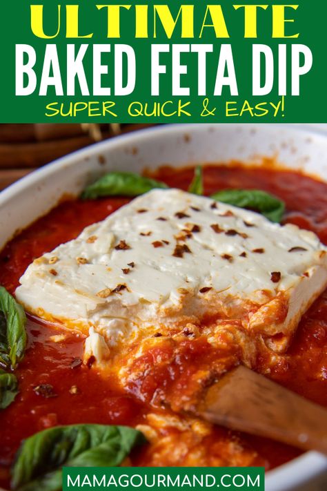 Spicy baked feta dip recipe has hot and creamy feta cheese surrounded by marinara tomato sauce for fantastic, yet easy appetizer dip. This quick and easy recipe disappears fast! #bakedfeta #dip #tomatoes #spicy