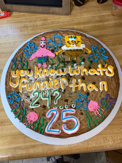 #spongebob #cookiecake #25thbirthday #birthdaycake #spongebobcake Spongebob Cookie Cake, Spongebob Birthday Cake, Spongebob Cake, Spongebob Birthday Party, Cookie Cake Birthday, Spongebob Birthday, Birthday Party Food, 25th Birthday, Cute Desserts