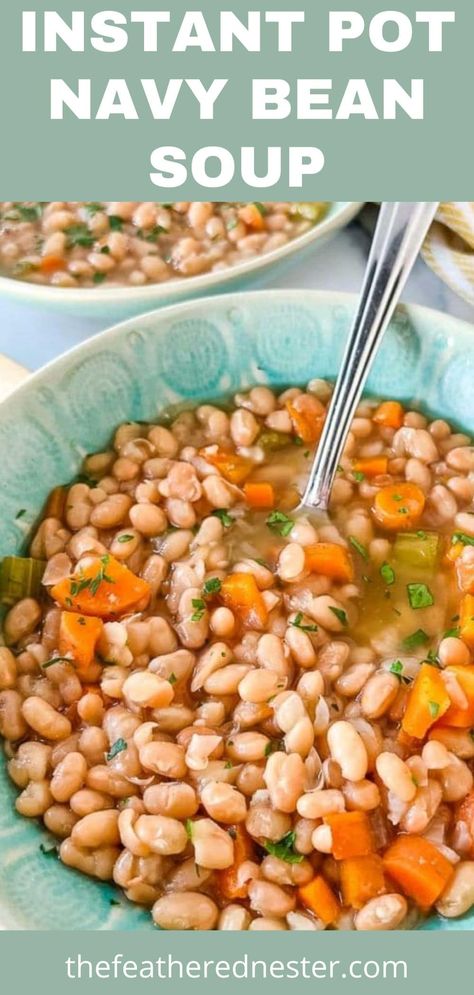 Hearty navy bean soup is a deeply flavorful dish that is brimming with tender beans, celery, carrots, and savory chicken broth. This one-pot budget-friendly Instant Pot Navy Beans Soup recipe uses dried beans, but because it's made in a pressure cooker there is no soaking needed! Yummy aromatics are quickly sauteed right in the pot before the remaining ingredients are added, including your choice of dry beans. Then lock, set, and sit back while the IP works its magic! Insta Pot Bean Soup, Instant Pot Navy Beans, Navy Bean Recipes, Senate Bean Soup, Pressure Cooker Beans, Pinto Bean Soup, Beans Soup, Bean And Vegetable Soup, Navy Bean Soup