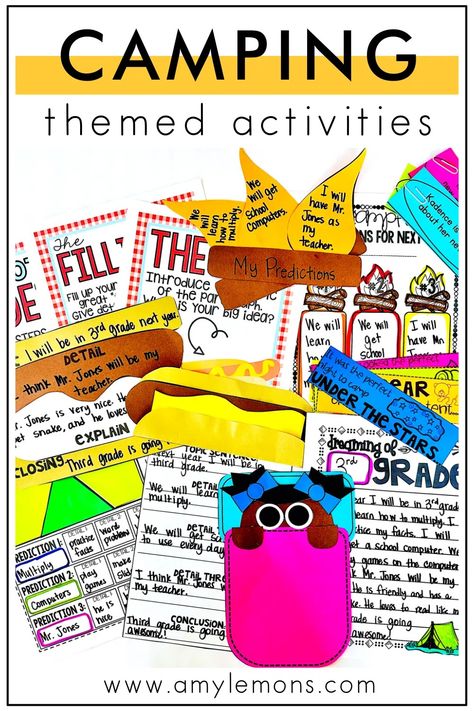 Fun Camping Themed Writing Activities for Kids with Picture Books - Amy Lemons Camping Writing Activities, Theme Reading Activities, Writing Activities For Kids, Descriptive Writing Activities, Punctuation Activities, Predicting Activities, Amy Lemons, Camping Books, Stages Of Writing