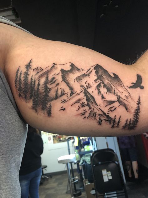 Mountain And Ocean Tattoo Sleeve, Bicep Mountain Tattoo Men, Mens Wilderness Tattoo, Mountains With Trees Tattoo, Mountain Tattoo Inner Bicep, Men’s One Arm Sleeve, West Virginia Mountains Tattoo, Mountain Tattoo Sleeve Women, Renew Tattoo