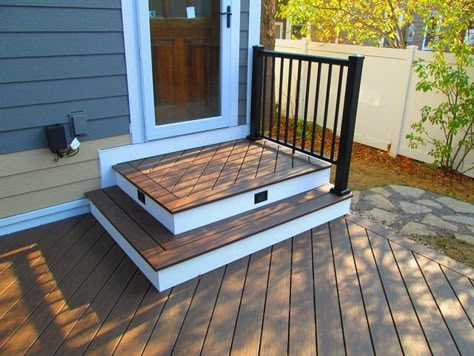 TimberTech Decking  Deck Lighting  Minneapolis MN Front Steps Composite Decking, Small Deck Steps With Landing, Front Door Platform Step, Deck Corner Stairs, Back Door Deck Ideas, Diy Deck Steps, Back Patio Stairs, Small Side Deck, Outside Steps Ideas