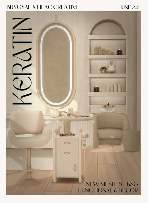 LC x BBYGYAL123 - KERATIN Collection (Early Access until July 1, 2024) | Patreon Sims 4 Furniture Aesthetic, Sims 4 Cc Beige Furniture, Sims 4 Cc Beauty Salon, Sims 4 Beauty Cc, Sims 4 Cc Vanity, Sim4 Furniture, Famous Chair, Cc Furniture, Sims 4 Kitchen