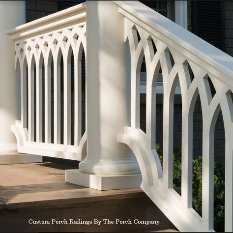 custom porch railings from Porchco.com Porch Banister, Victorian Front Porch, Car Porch Design, Porch Railing Designs, Pvc Railing, Front Porch Railings, Railing Designs, Custom Porch, Porch Stairs