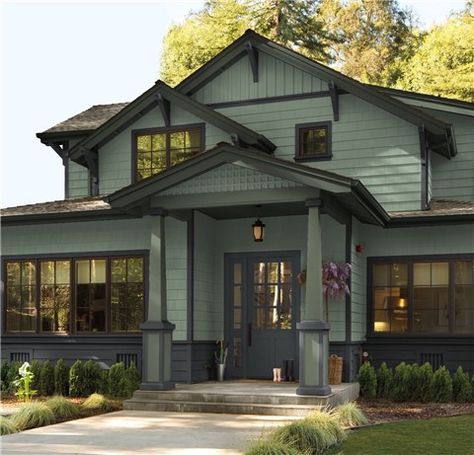 Look at the paint color combination I created with Benjamin Moore. Via @benjamin_moore. Main Siding: Lush AF-475; Trim: Waller Green CW-510; Accent: Mopboard Black CW-680; Door: Black Satin 2131-10. Sage Green House, Benjamin Moore Exterior Paint, Green Exterior House Colors, Green House Exterior, Benjamin Moore Exterior, Color Combinations Paint, Exterior House Paint Color Combinations, Best White Paint, Exterior House Color