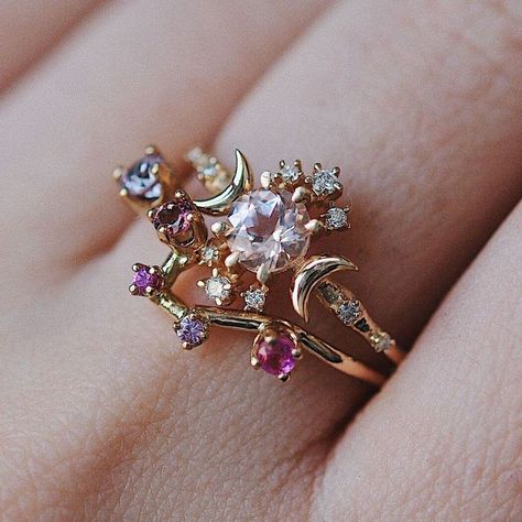 Sofia Zakia, Constellation Ring, Promise Jewelry, Local Eclectic, Moonstone Engagement, Moonstone Engagement Ring, Purple Sapphire, Pink Morganite, Pretty Jewellery