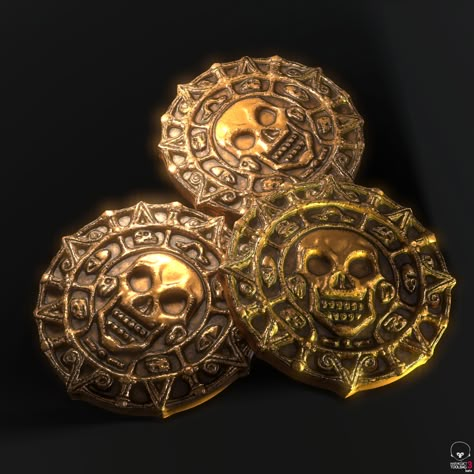 ArtStation - Pirate of the Caribbean's Cursed Aztec Coins. Sara Tattoo, Aztec Coin, Mermaid Food, Pirate Halloween Party, Pirate Coins, Golden Wallpaper, Pieces Of Eight, Elder Scrolls Skyrim, Pirate Halloween