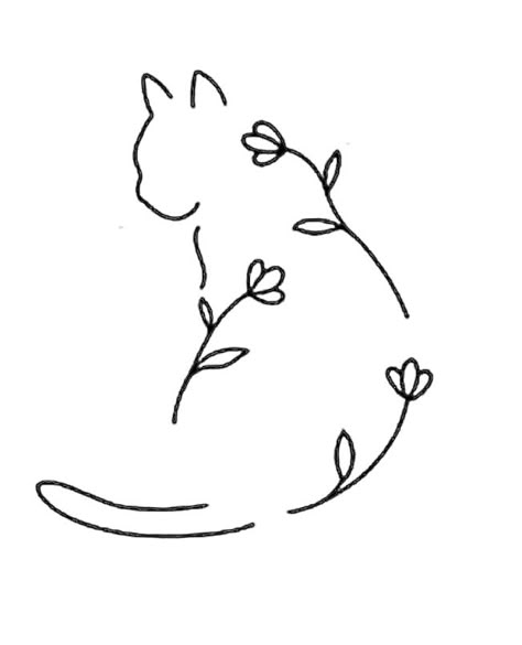 Simple Cat Outline Drawing, Cat Tattoos With Flowers, Simple Line Drawing Tattoo, Cat Silloute Tattoo, Cat Stencil Tattoo, Small Fine Line Cat Tattoo, Elegant Cat Tattoo, Fine Line Cat Tattoo With Flowers, Cat Line Drawing Tattoo