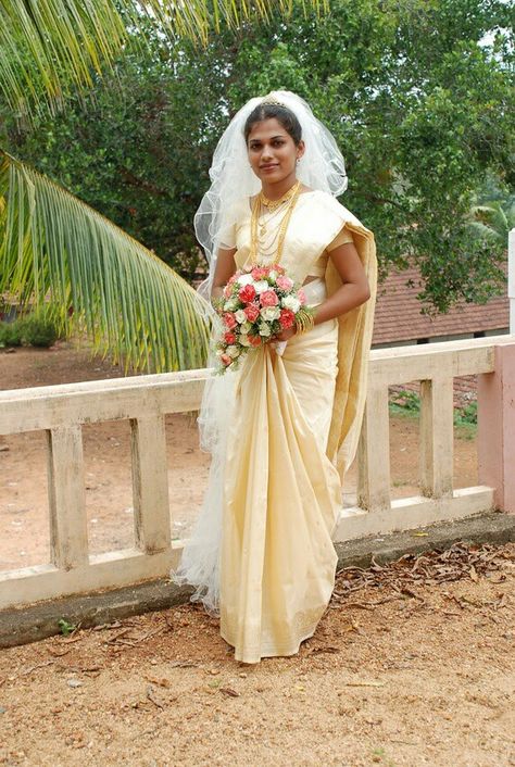 Kerala Christian Bride Saree And Veil, Kerala Christian Bride, Indian Christian Wedding, Christian Wedding Dress, Christian Bridal Saree, Wedding Dress For Bride, South Indian Bridal Jewellery, Dress For Bride, Indian Bride Photography Poses