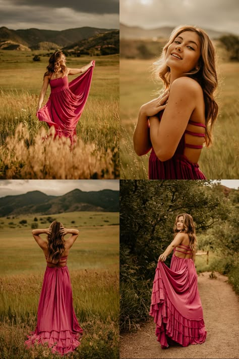 Creative Photoshoot Ideas Unique Senior Pics, Prom Senior Pictures, Fancy Dress Senior Pictures, Boho Dress Photoshoot Ideas, Laying Down Pictures Aesthetic, Prom Dress Senior Pictures, High School Senior Picture Poses, Extra Senior Pictures, National Park Senior Pictures