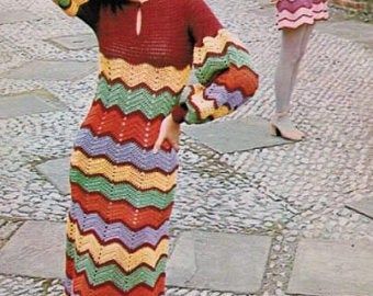 Trudy Nicholls on Etsy Crochet Dress Long, 70s Mode, Vintage Crochet Dresses, Zig Zag Dress, Patron Vintage, Crochet Pattern Instructions, 60s 70s Fashion, Vintage Crochet Patterns, Womens Crochet Patterns