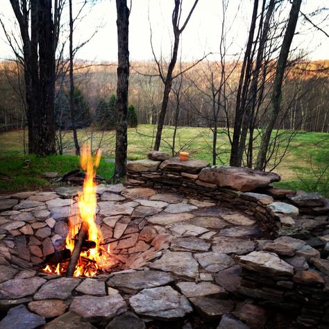 Catskills custom stonework sunken firepit glamping Swiss hill jeffersonville ny callicoon center ny Firepit, A Fire, Glamping, In The Middle, Fire Pit, The Middle, Landscaping, Trees