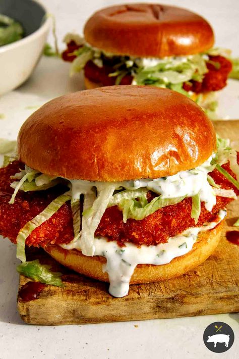 A Delicious Baked Nashville Hot Chicken Sandwich with Honey that is easy to make, just as delicious, but healthier than fried version! We guarantee everyone will absolutely love this mouthwatering sandwich! #recipe #hotchickensandwich #sandwich #hotchicken Baked Nashville Hot Chicken, Nashville Hot Chicken Sandwich, Nashville Chicken, Hot Chicken Sandwiches, Spoon Fork Bacon, Nashville Hot Chicken, Nashville Hot, Chicken Sandwich Recipes, Hot Sandwich