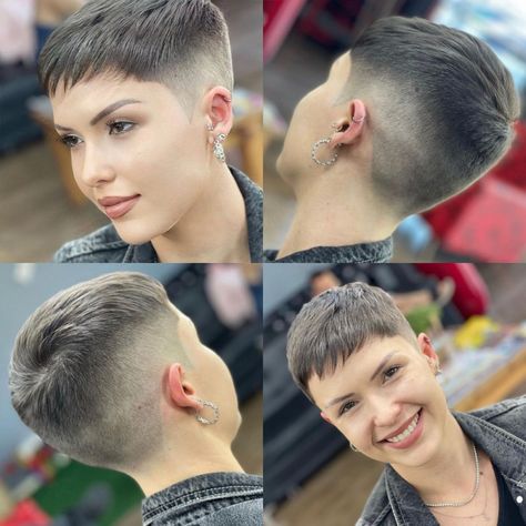 Shaved Short Pixie Bob, Womens Faded Short Hair, Short Faded Pixie Haircuts, Female Buzzcut Fade, Buzz Cut With Fade Women, High Fade Haircut Women, Faded Buzzcut For Women, Super Short Hair Round Face, Women’s Fade Haircut