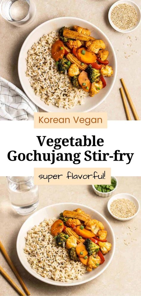 Featuring crunchy veggies cooked in a delicious spicy sauce, this gochujang vegetable stir-fry makes the perfect quick weeknight meal! This simple one-pan recipe is easy to prepare and is ready in 30 minutes. Gochujang Stir Fry, Gojuchang Recipe, Vegan Gochujang, Veggie Stir Fry Recipes, Gochujang Recipe, Korean Vegan, Vegetable Stir Fry Recipe, Crunchy Veggies, Vegan Asian Recipes