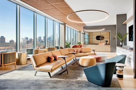 Global Architecture, Brooklyn Navy Yard, Office Lounge, Custom Benches, Corporate Interiors, Conference Center, Built In Bench, City Design, Office Interior Design