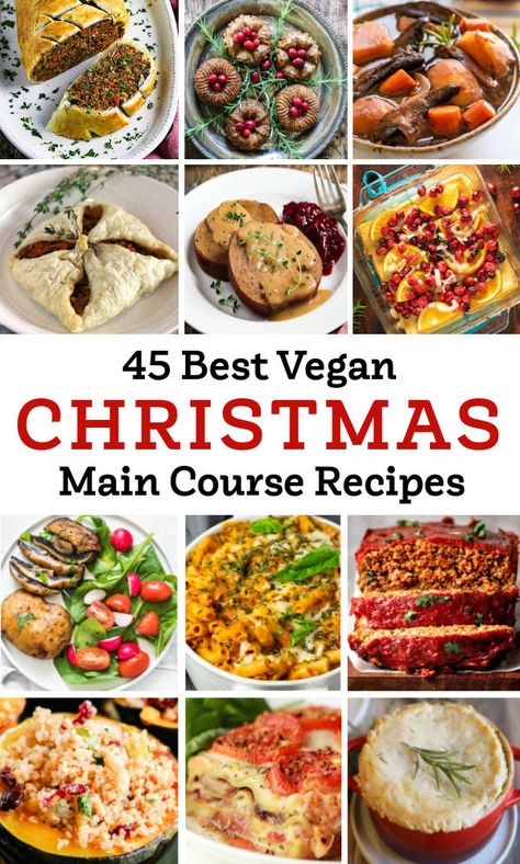 This list of 45 festive vegan Christmas dinner recipes is perfect for creating epic plant-based holiday meals. Your vegan holiday menu will delight both vegans and omnivores alike! Vegan Company Dinner Ideas, Christmas Dinner For Vegetarians, Gluten Free Vegetarian Christmas Recipes, Vegan Dinner Menu Ideas, Vegan Hosting Food, Vegan Christmas Meals Ideas, Holiday Vegetarian Main Dishes, Christmas Vegan Recipes Dinners, Christmas Dinner Vegan Recipes