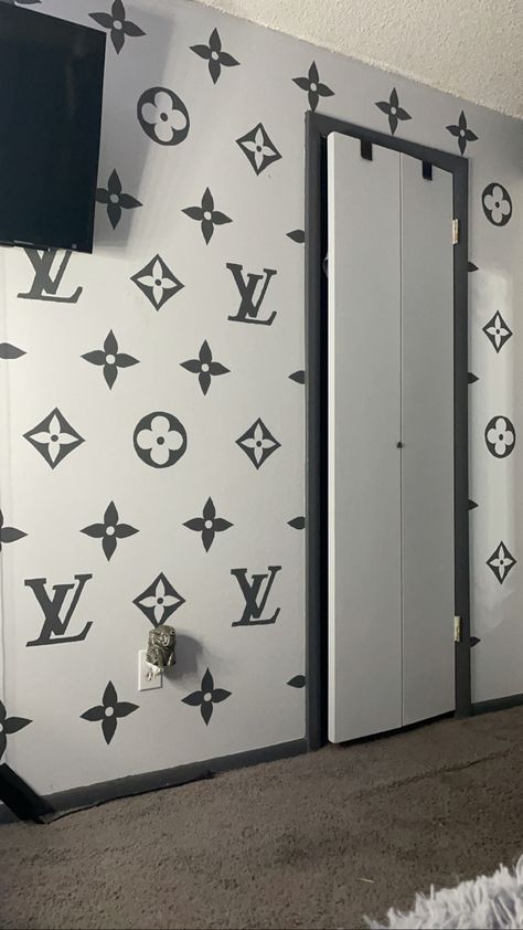 Lv Room Wallpaper, Louis Vuitton Wallpaper For Home, Louis Vuitton Wallpaper For Home Deco, Louis Vuitton Wall Decals, Louis Vuitton Bedroom Wall, Painted Bedroom Doors, Mens Bedroom Decor, Teen Girl Room Decor, Cute Diy Room Decor