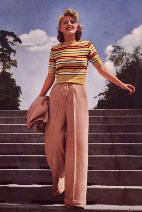 1930s Trousers, 50s Outfit, 1930s Outfits, 40s Mode, 40s Outfits, Diy Outfits, Fair Isles, Vintage Knitwear, 70s Outfits