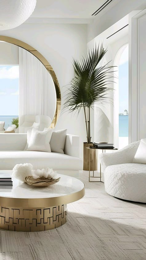 Gold And White Curtains Living Room, Living Room Designs White And Gold, Apartment Living Room Inspo Modern, Gold White Living Room Decor, Elegant Rugs Living Room, Modern Minimalist Interior Design Living Room Apartment, Beachy Modern Living Room, Cream And Silver Living Room, White Home Decor Living Rooms