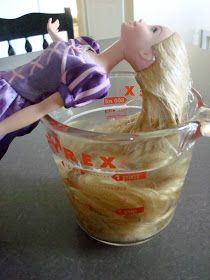 Rapunzel's hair was looking a bit tangled lately. I read several ways to repair a doll's hair on pinterest, but all involved... Feel Like Home, Doll Hair, Fabric Softener, Feel Like, Bowl, Glass, Hair, Fabric