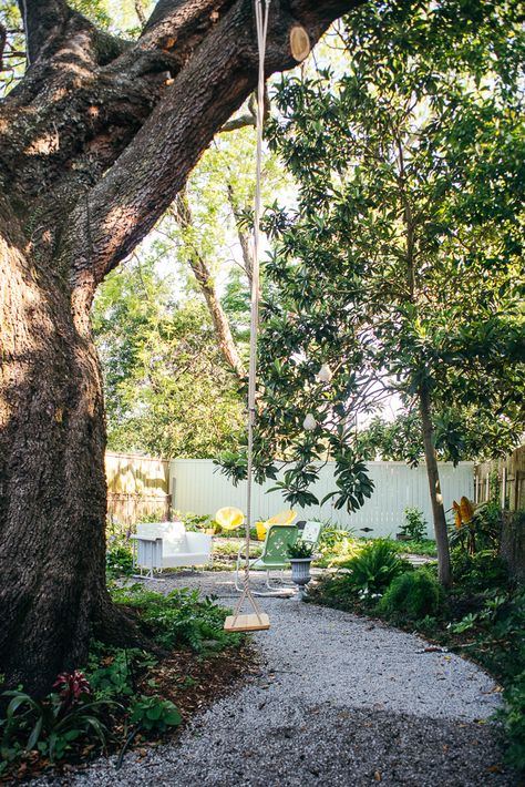 Jungly New Orleans backyard Remodel - Gardenista Tree Filled Backyard, New Orleans Backyard Ideas, Louisiana Backyard, Backyard With Trees, Backyard With A Lot Of Trees, Big Tree Backyard Ideas, Big Tree In Backyard, Big Tree Backyard, Tree In Middle Of Yard