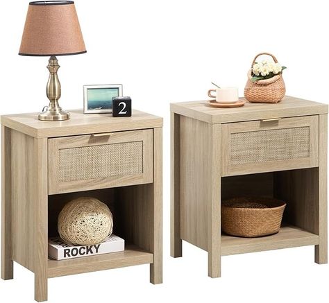 Amazon.com: SICOTAS Rattan Nightstands Set of 2, Farmhouse Night Stands with Drawer Bedside Table - Boho End Table Side Table Accent Table for Bedroom Living Room, Light Oak Wood : Home & Kitchen Boho End Table, Farmhouse Night, Boho Bedside Table, Rattan Nightstand, Nightstand Design, Farmhouse Nightstand, Small Accent Tables, Table For Bedroom, Style Marocain