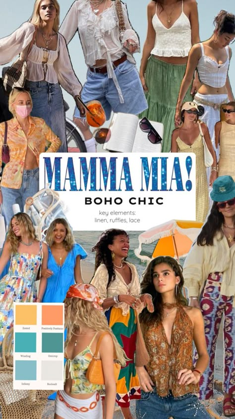 Mamma Mia Outfit Inspo for Women travelling to Greece or for women who just wants to unleash their inner dancing queen 20th Birthday Dress, Mama Mia Outfits, Dream Summer Aesthetic, Amazing Race Challenges, Mama Mia Birthday, Greek Dinner Party, Mamma Mia Outfits, Mamma Mia Theme, Abba Party