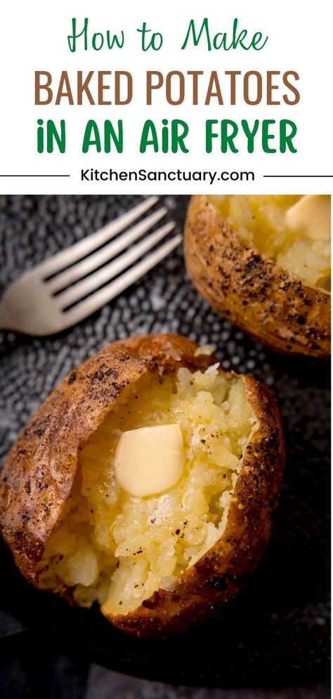 How to Make Baked Potatoes in an Air Fryer. I take my baked potato game very seriously. One of the best lunches going - a proper jacket spud filled with your favourite toppings. An air fryer will yield super crispy on the outside and tender and buttery on the inside. Make Baked Potatoes, Cooking Baked Potatoes, Air Fryer Recipes Breakfast, New Air Fryer Recipes, Air Fryer Baked Potato, Making Baked Potatoes, Slow Cooker Beef Stroganoff, Weight Watchers Recipes Desserts, Jacket Potato